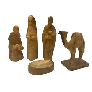 Vintage Hand‎ Carved Nativity Set Lot of 5 3 Wise Men Camel Manger 4” Christmas